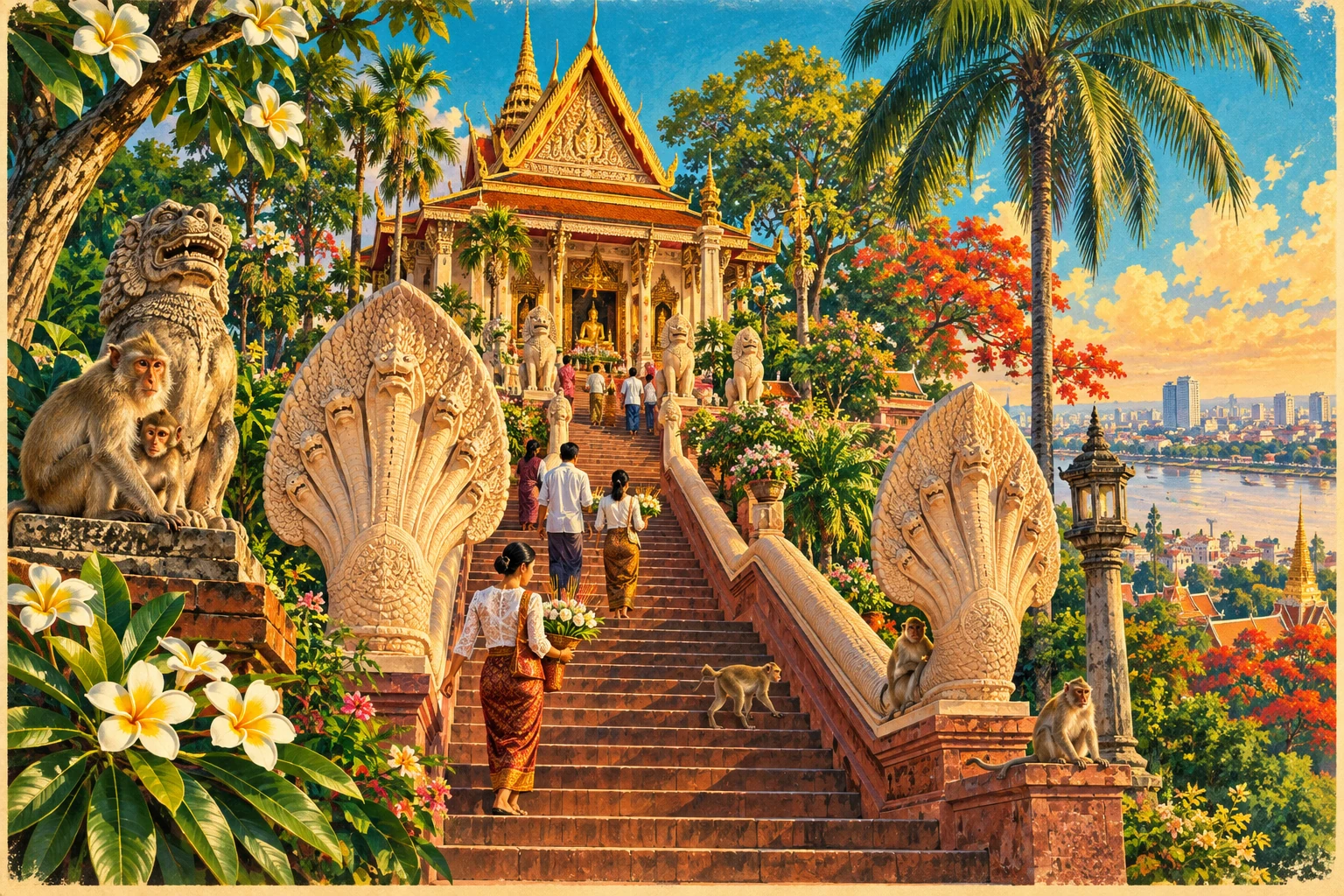 Illustrated view of Wat Phnom