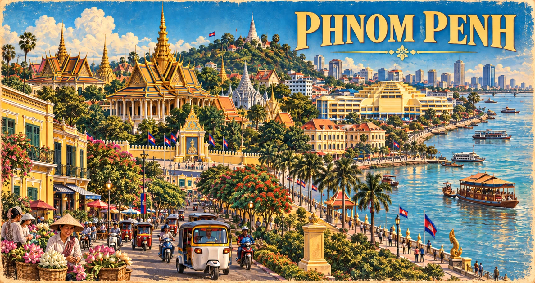 Illustrated Cambodia travel panorama