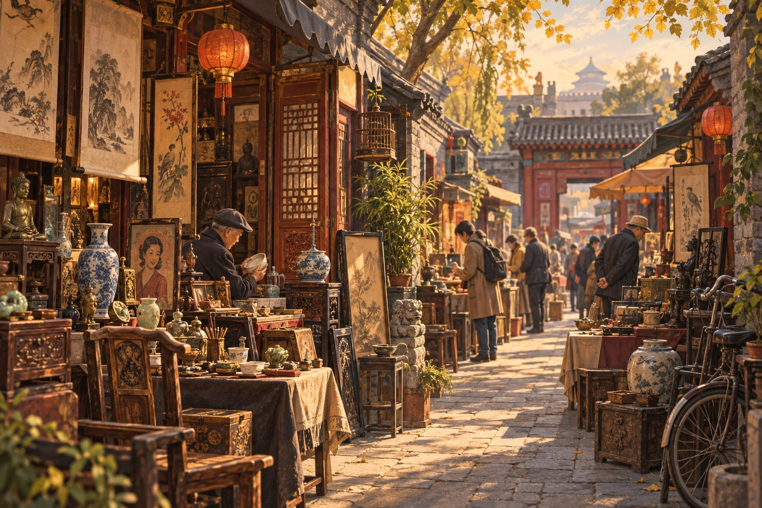 Illustrated Panjiayuan Antique Market in Beijing, China