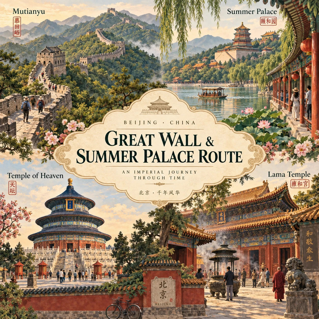 Illustrated Great Wall and Summer Palace in Beijing, China