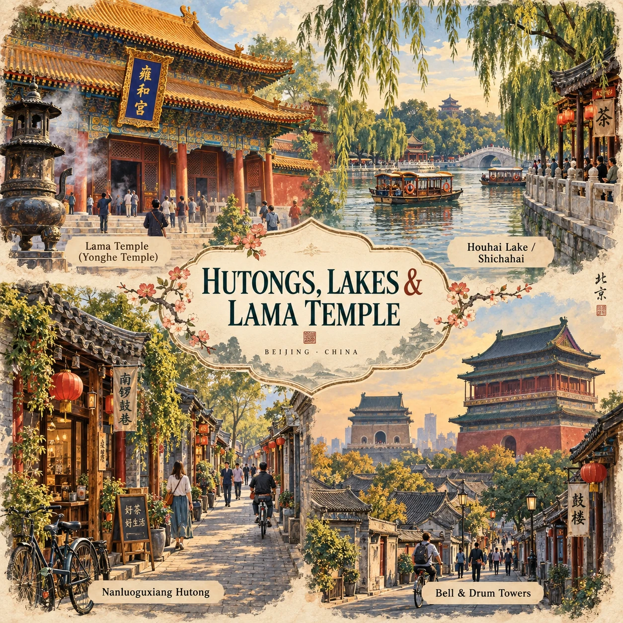Illustrated Hutongs, lakes, and Lama Temple in Beijing, China