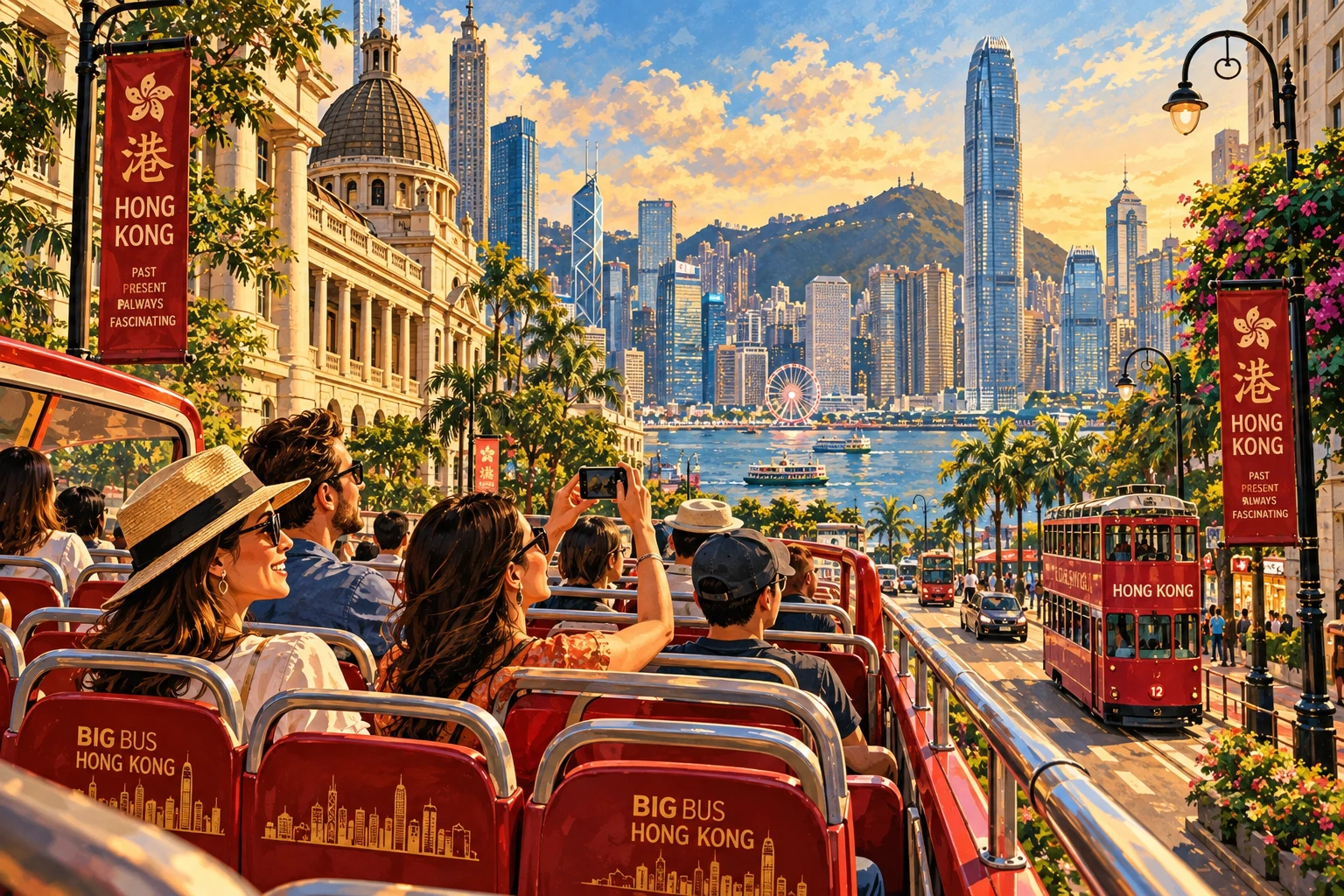 Illustrated Hong Kong open-top bus tour in Hong Kong, China