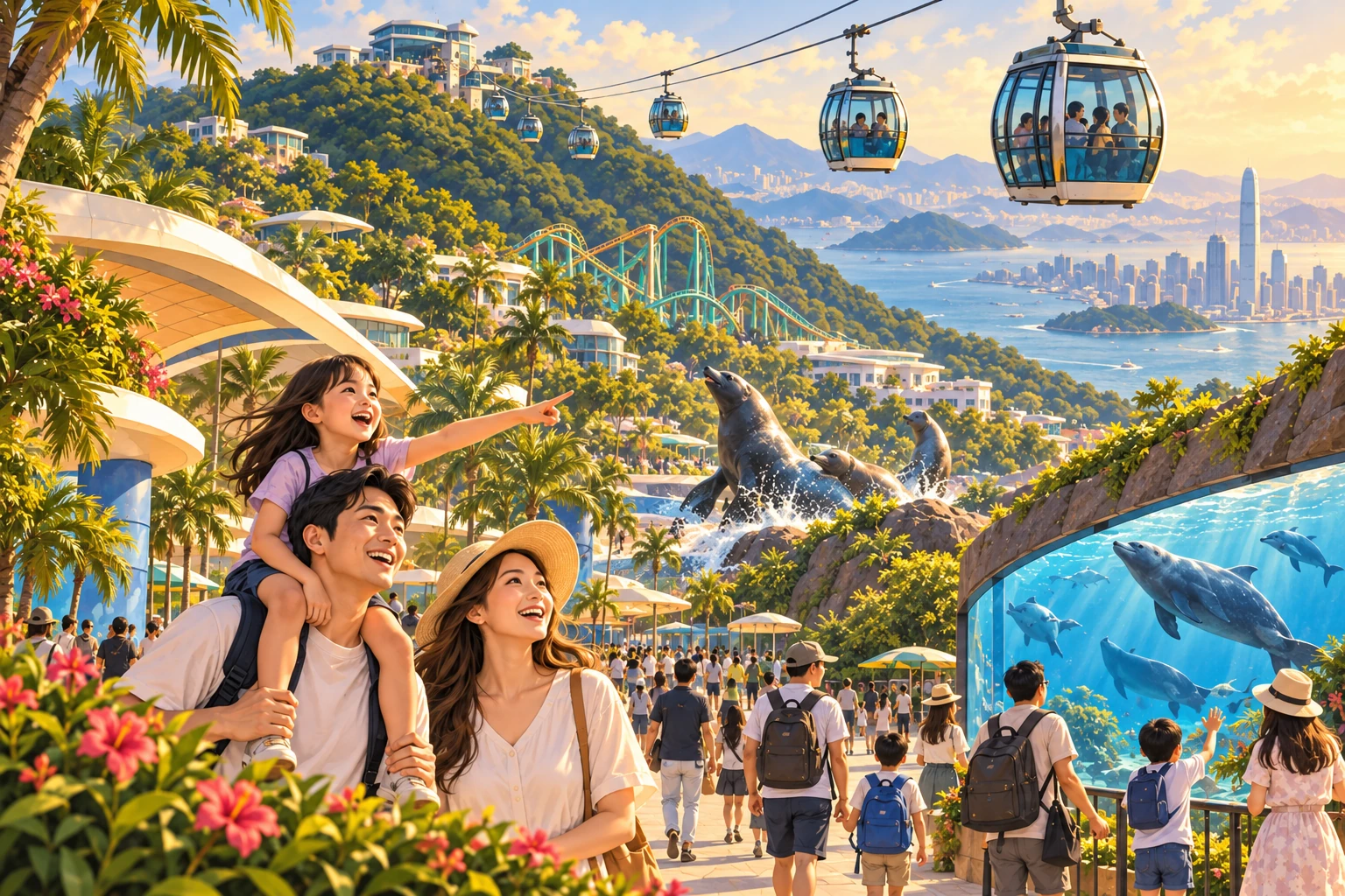 Illustrated Ocean Park day in Hong Kong, China