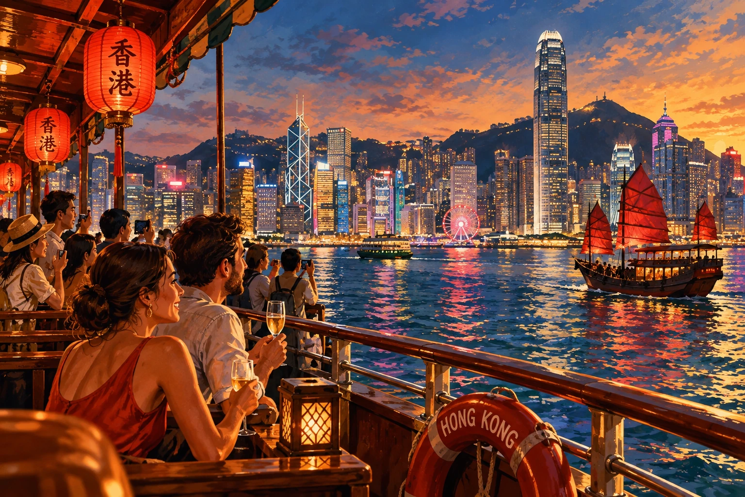 Illustrated Victoria Harbour night cruise in Hong Kong, China