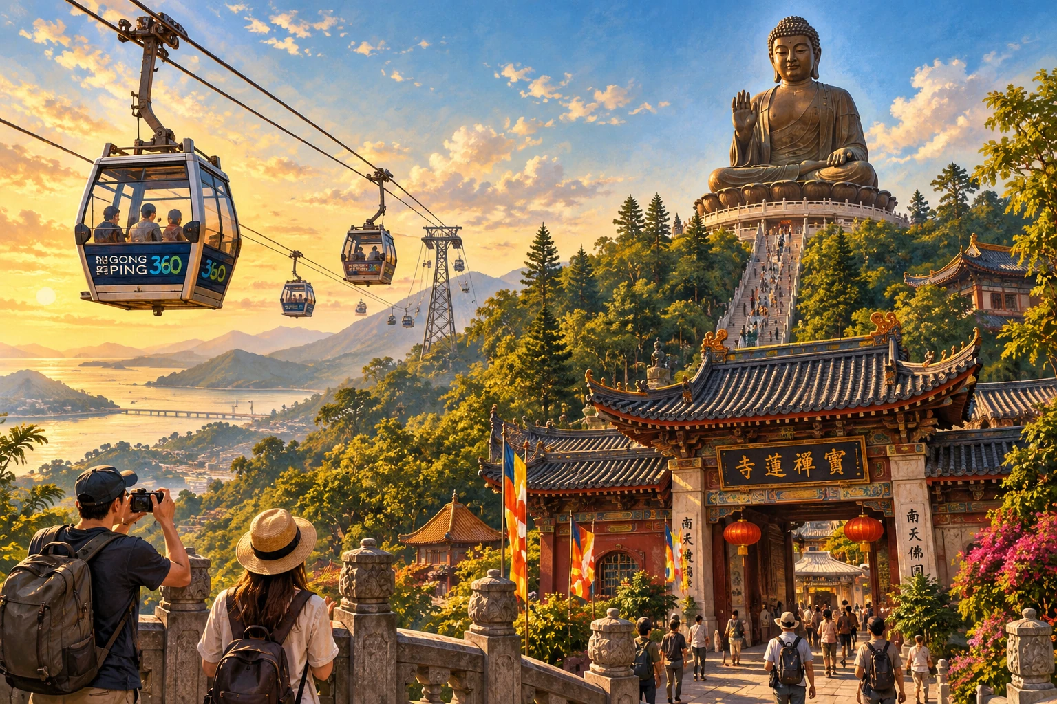 Illustrated Ngong Ping 360 and Tian Tan Buddha in Hong Kong, China