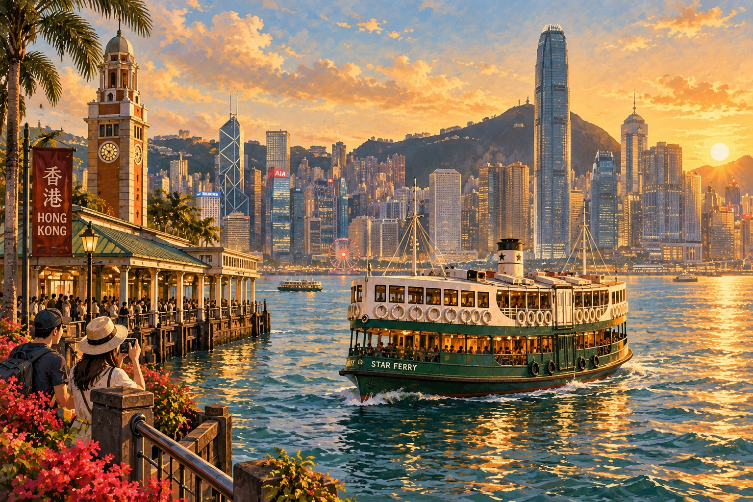 Illustrated Victoria Harbour and Star Ferry in Hong Kong, China