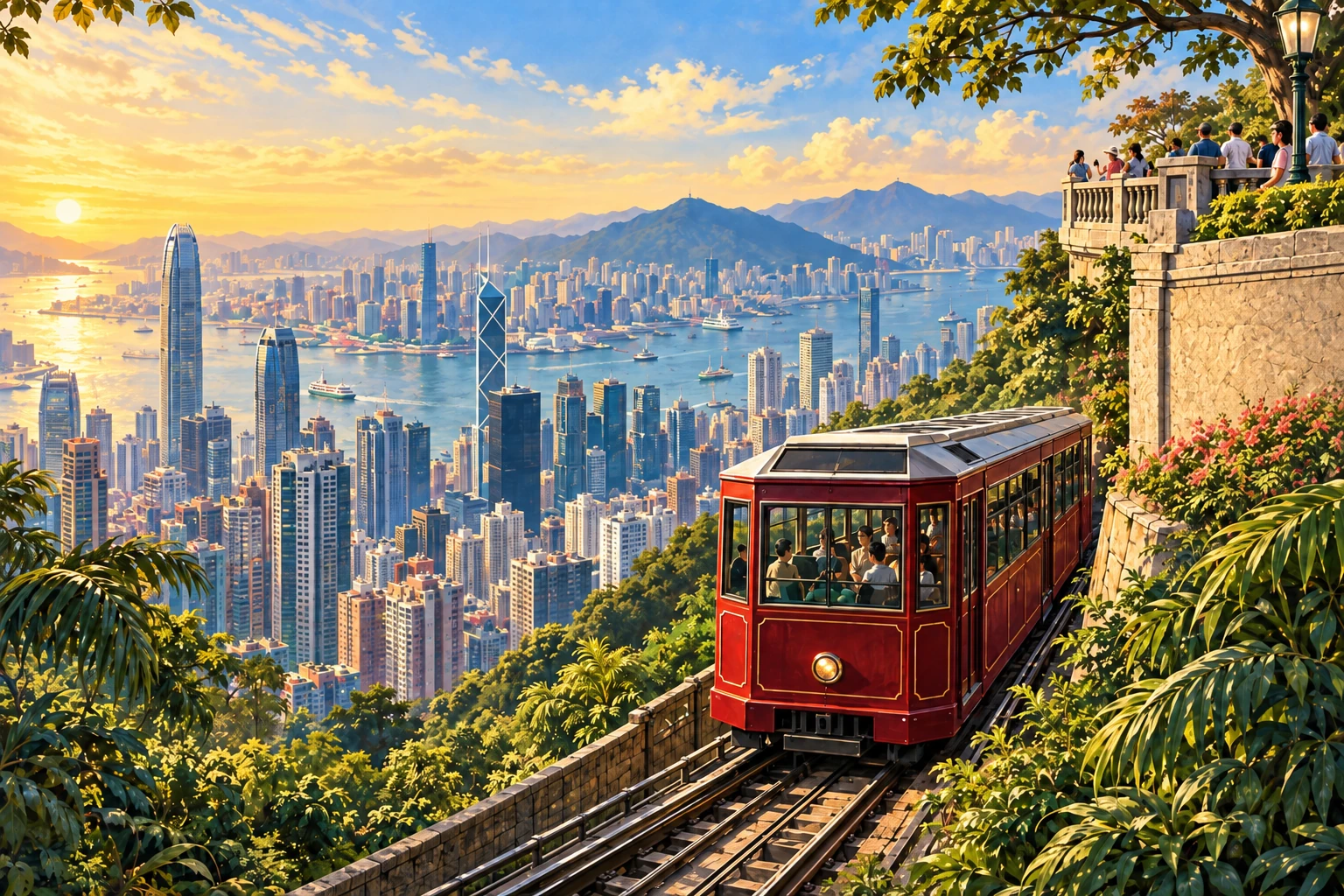 Illustrated Victoria Peak and Peak Tram in Hong Kong, China