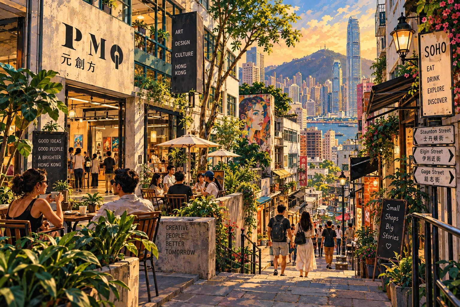 Illustrated PMQ and SoHo backstreets in Hong Kong, China