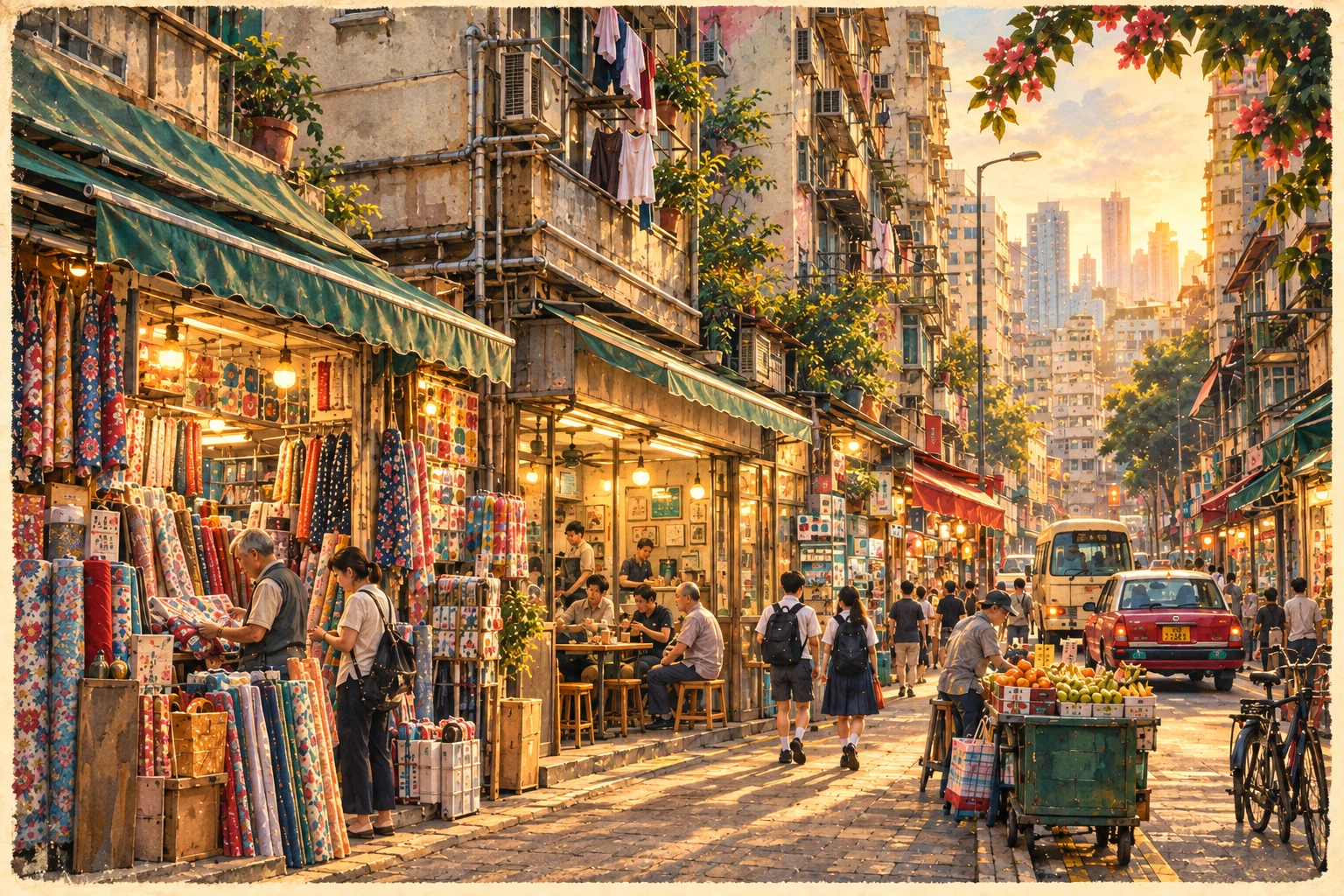 Illustrated Sham Shui Po street life in Hong Kong, China