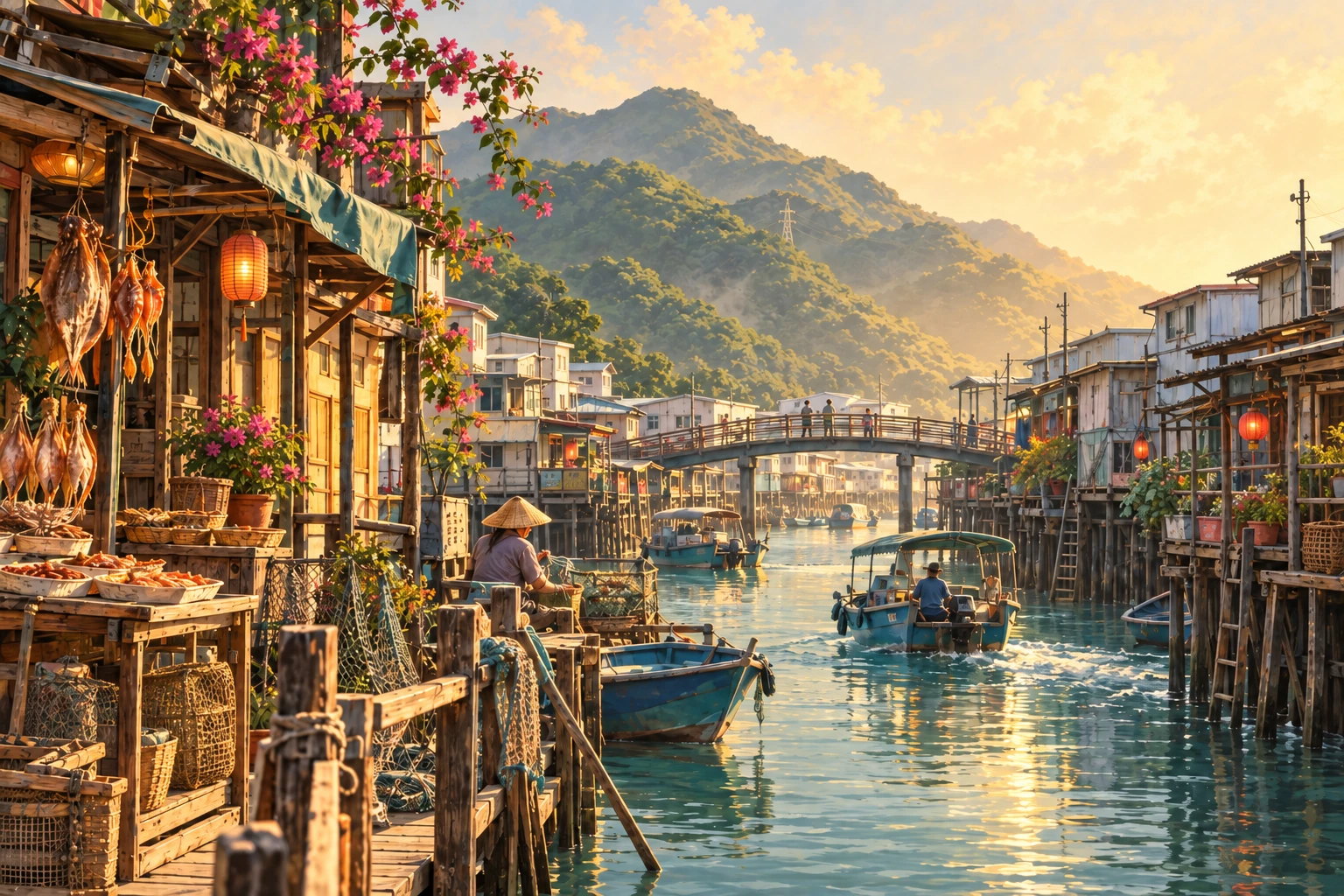 Illustrated Tai O fishing village in Hong Kong, China