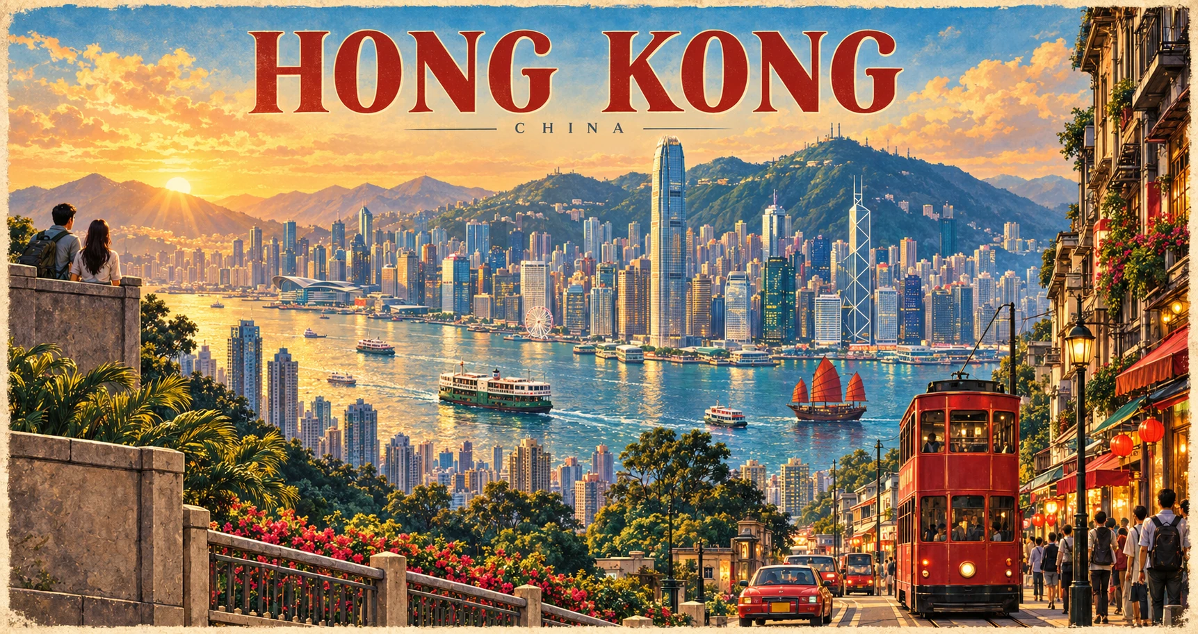 Illustrated panorama of Hong Kong, China