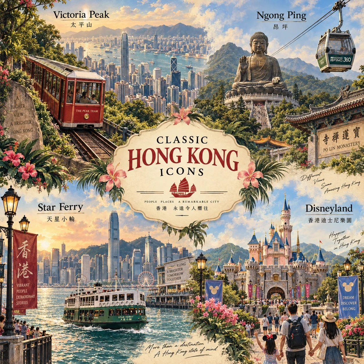 Illustrated Classic Hong Kong icons in Hong Kong, China