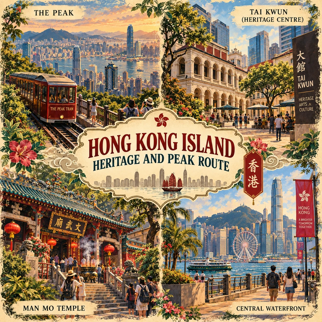 Illustrated Hong Kong Island heritage and Peak in Hong Kong, China