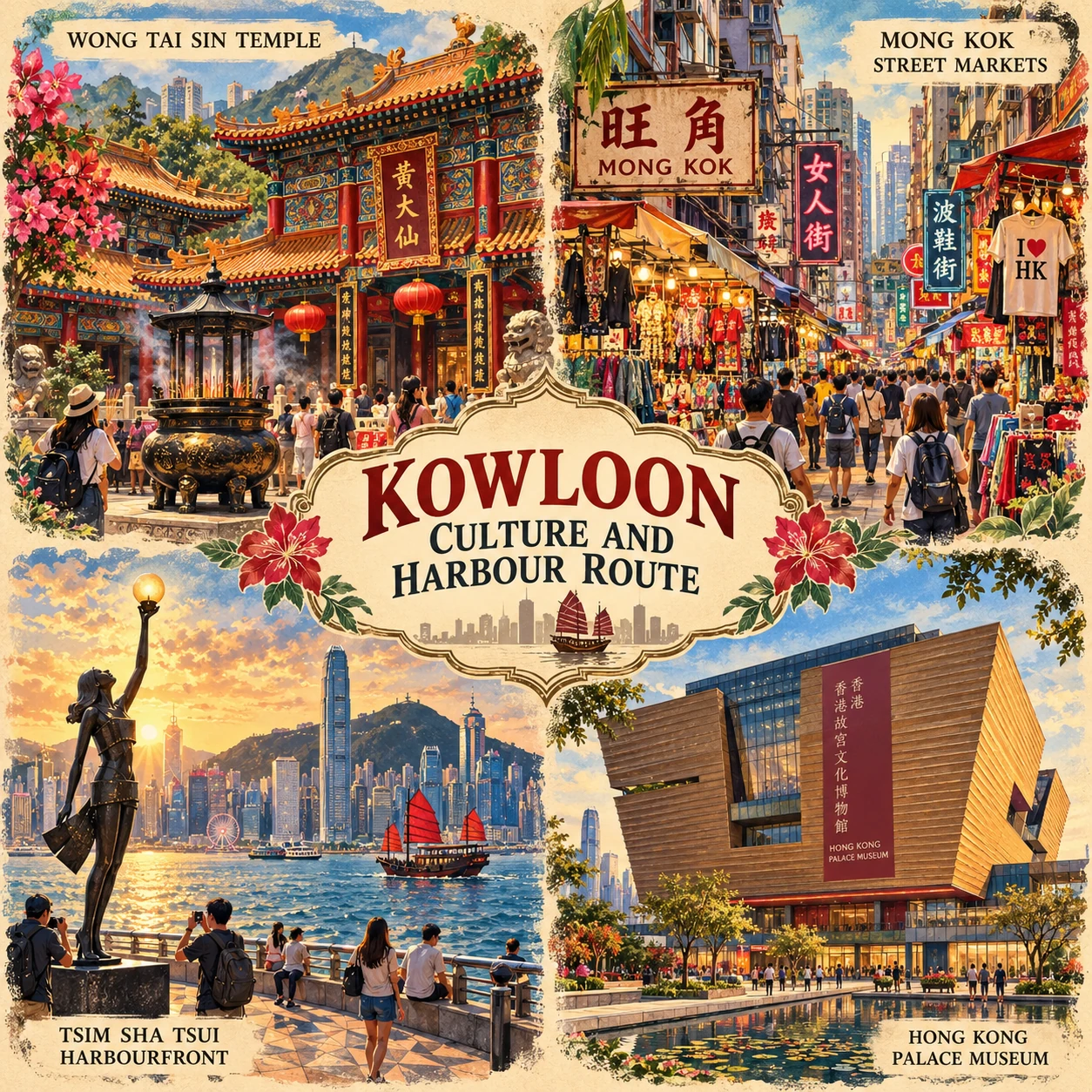 Illustrated Kowloon culture and harbour in Hong Kong, China