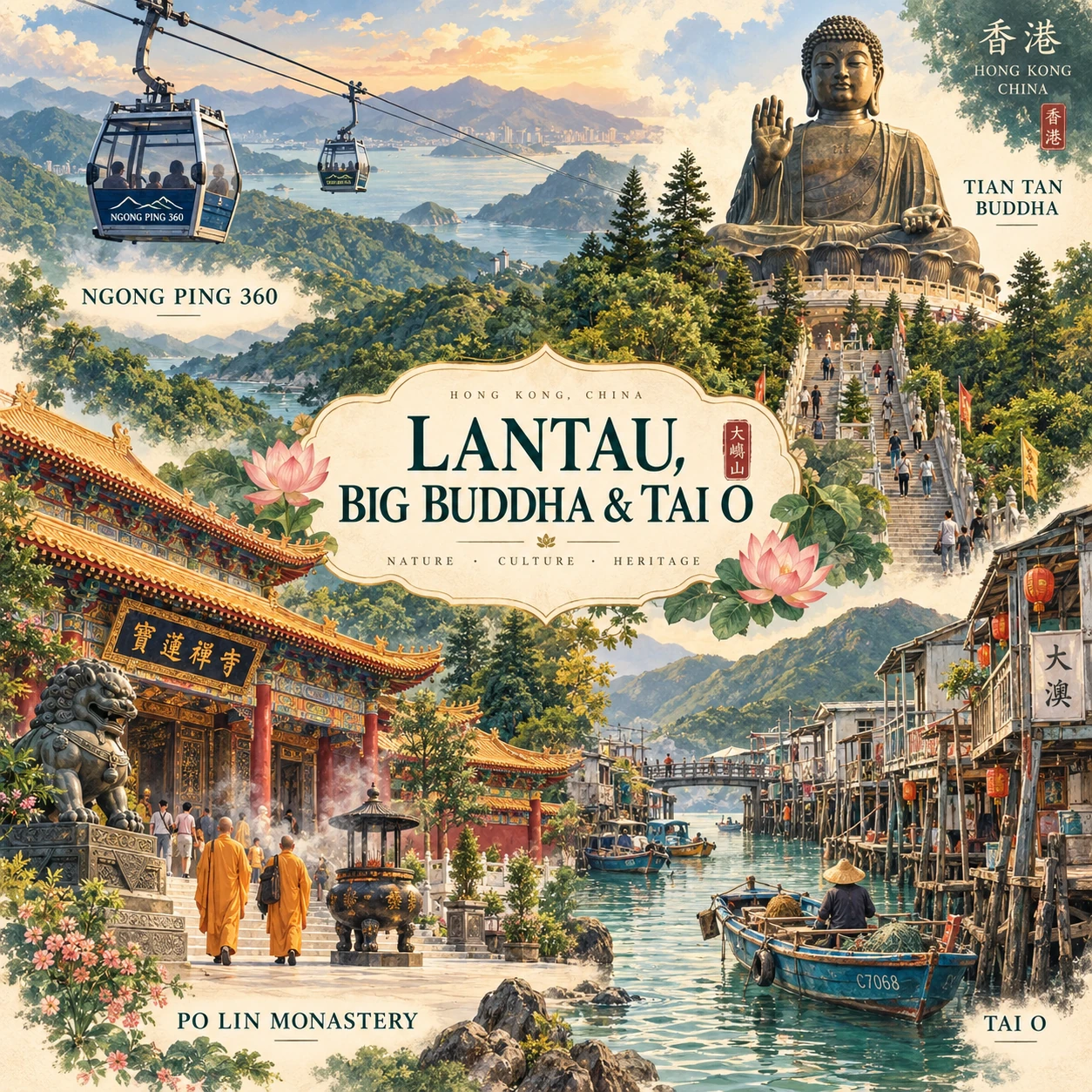 Illustrated Lantau Big Buddha and Tai O in Hong Kong, China