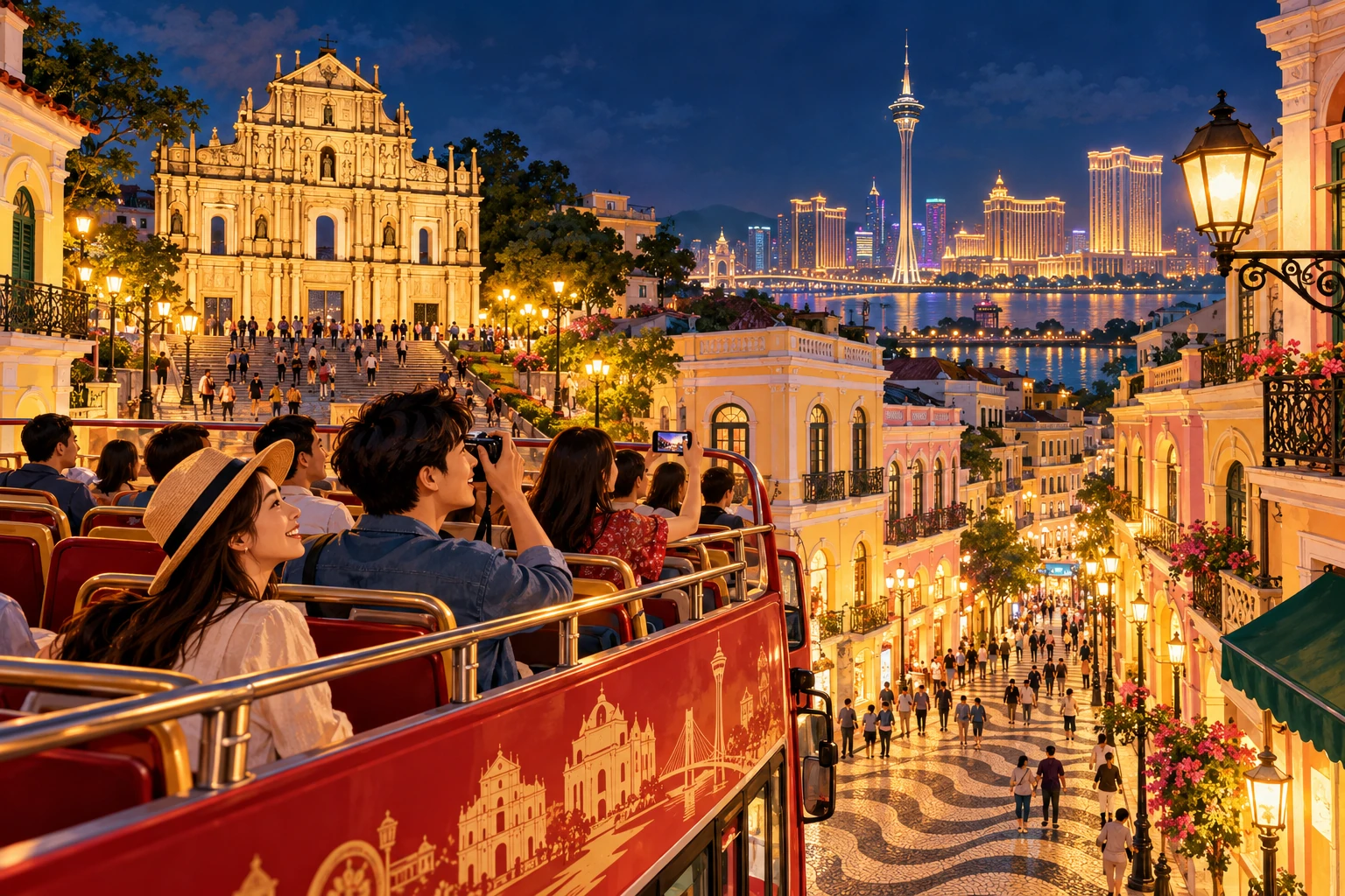 Illustrated Macau open-top bus night tour in Macau, China
