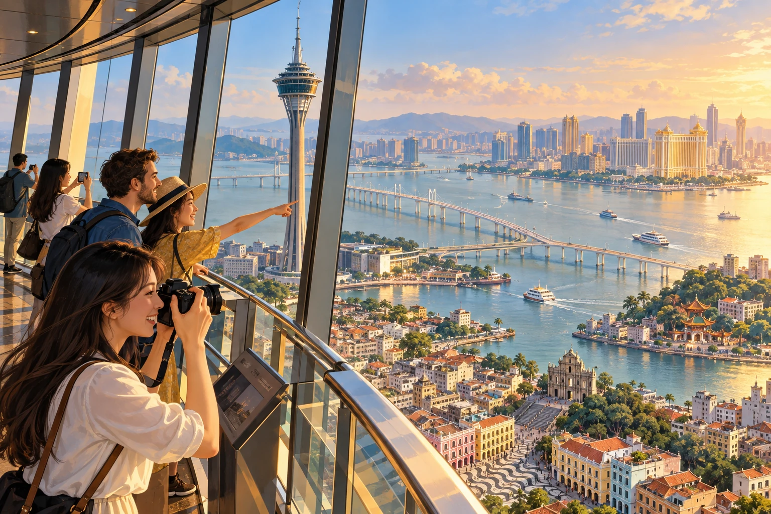 Illustrated Macau Tower observation deck in Macau, China