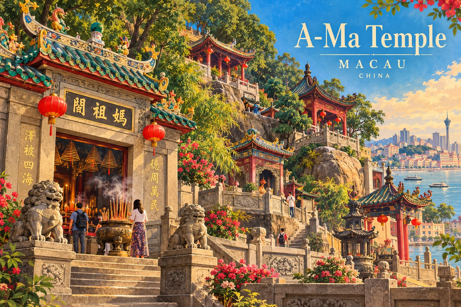 Illustrated A-Ma Temple in Macau, China