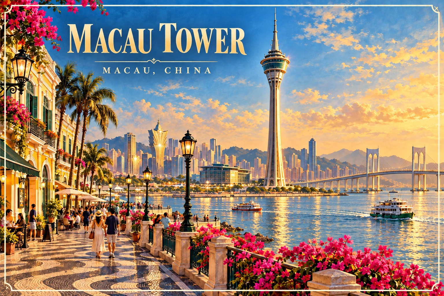Illustrated Macau Tower in Macau, China