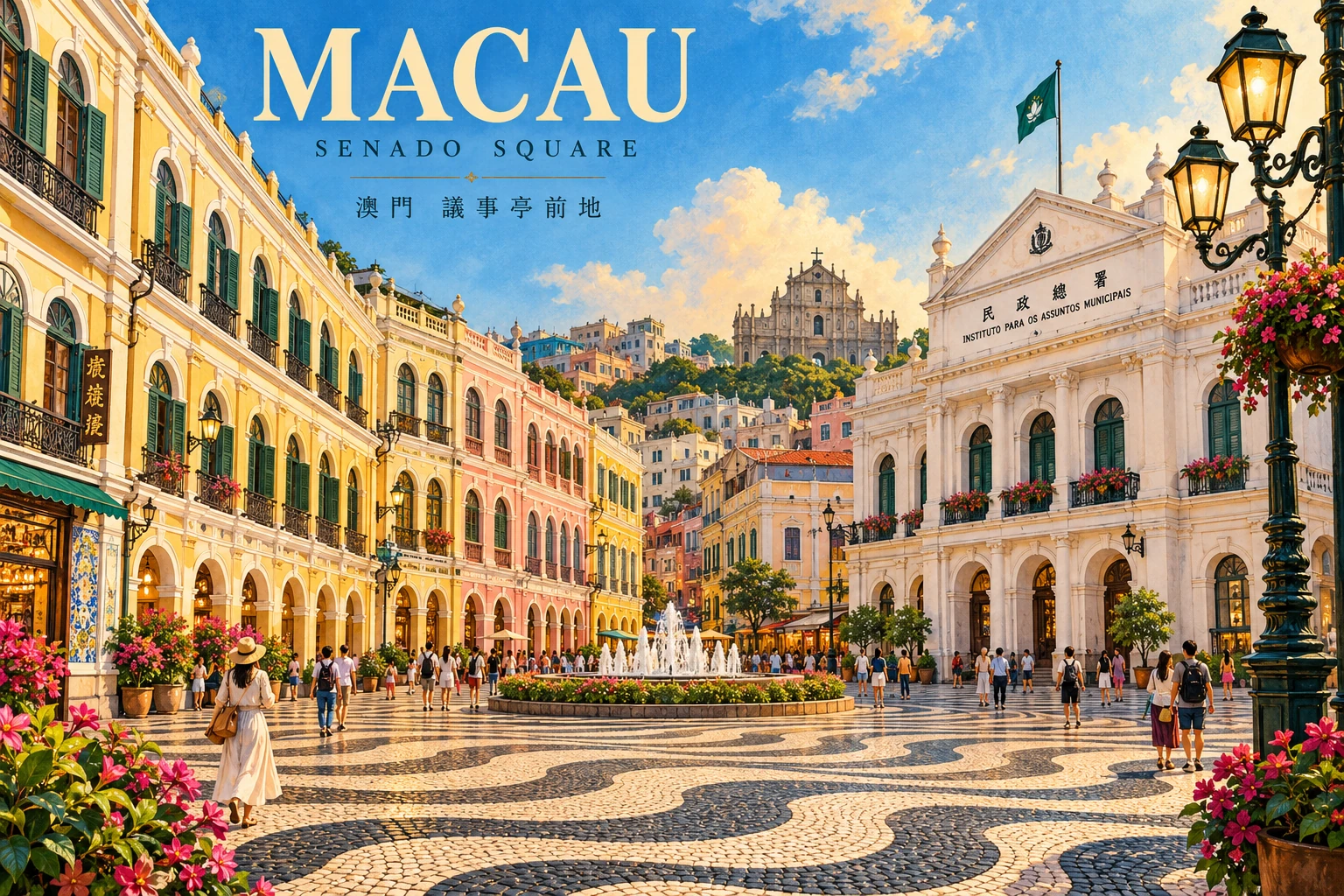 Illustrated Senado Square in Macau, China