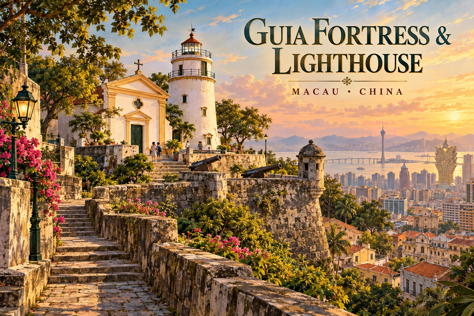 Illustrated Guia Fortress and Lighthouse in Macau, China