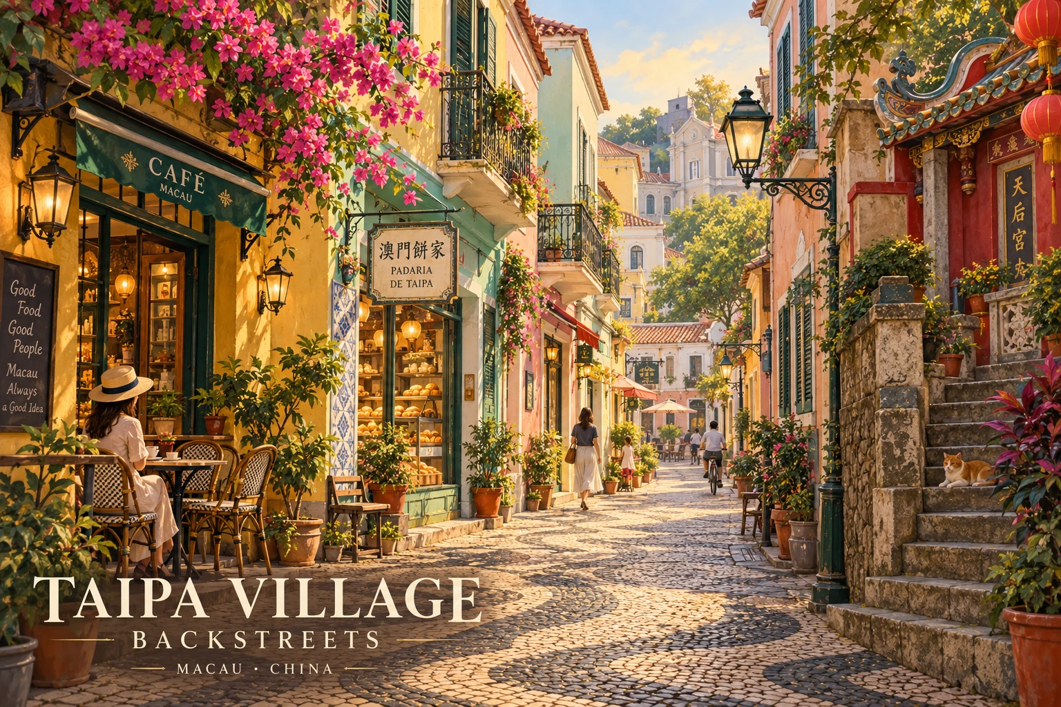 Illustrated Taipa Village backstreets in Macau, China