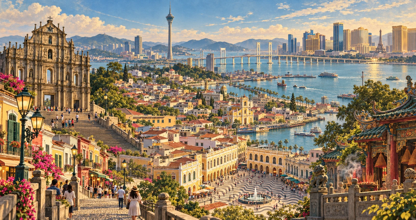 Illustrated panorama of Macau, China
