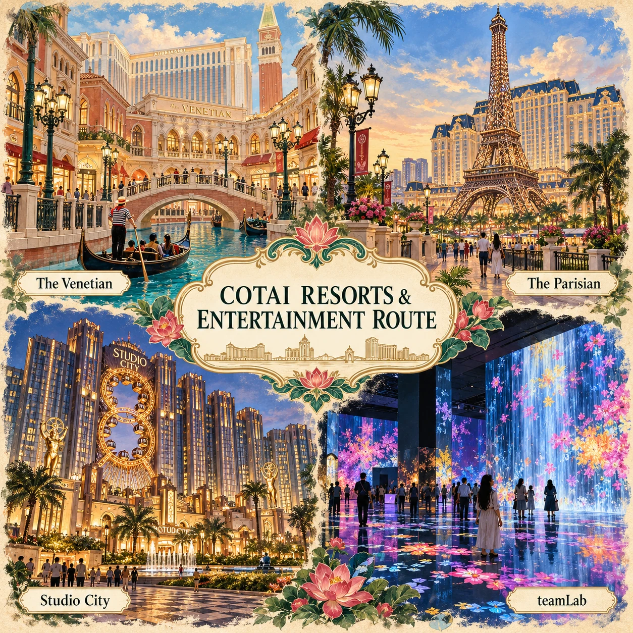 Illustrated Cotai resorts and entertainment in Macau, China