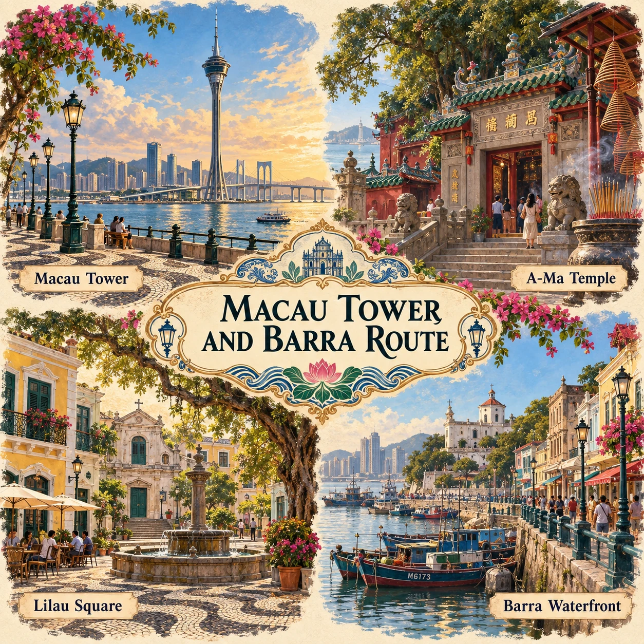 Illustrated Macau Tower and Barra in Macau, China