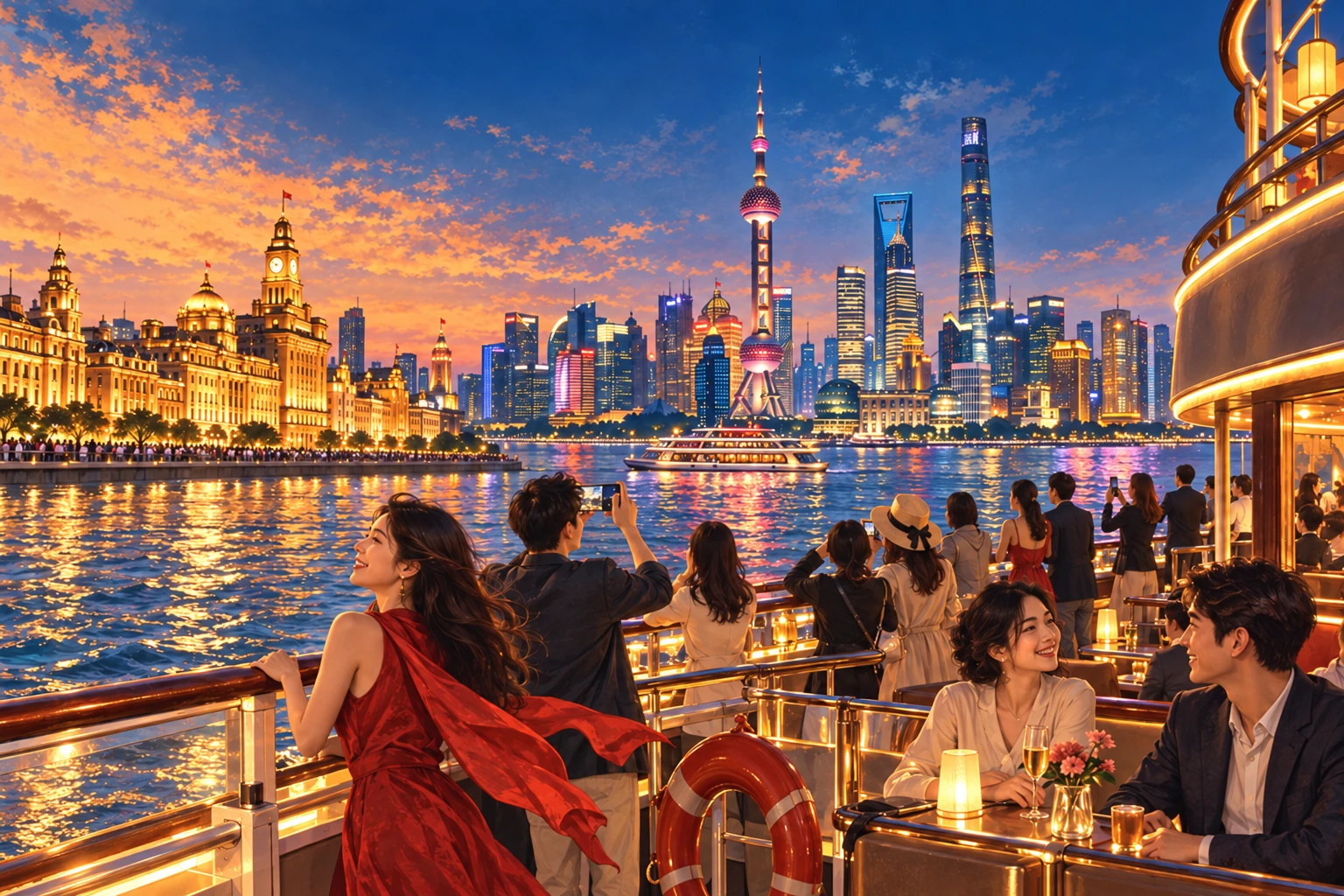 Illustrated Huangpu River night cruise in Shanghai, China