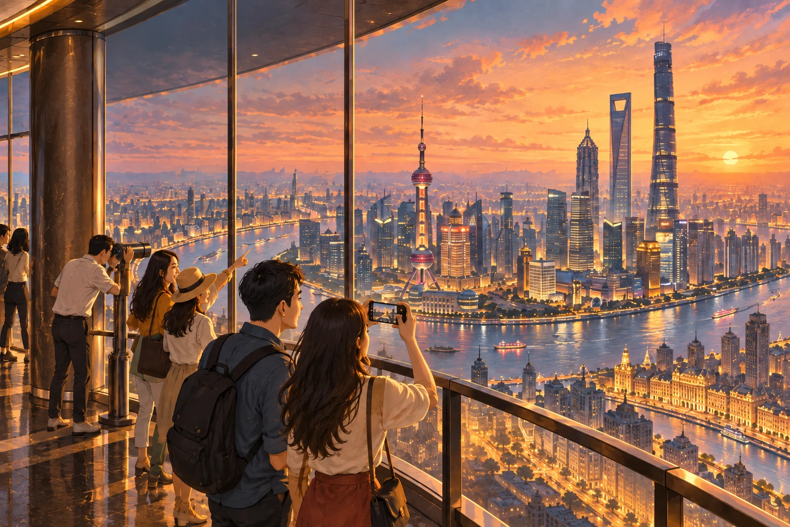 Illustrated Shanghai Tower observation deck in Shanghai, China