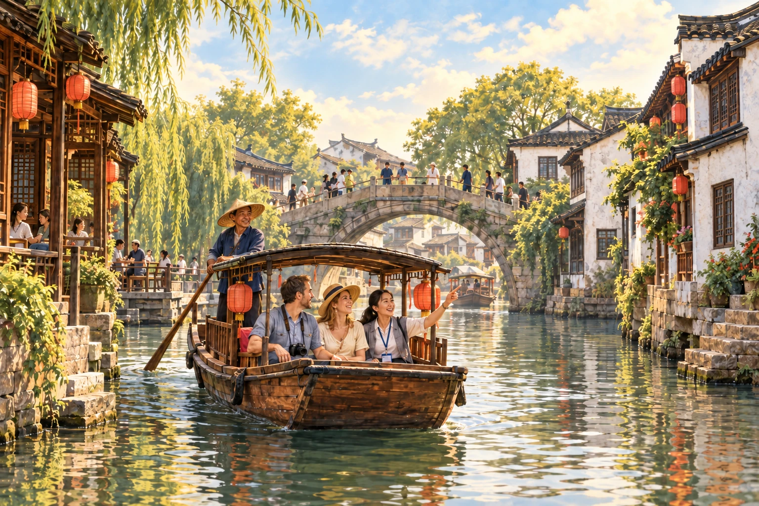 Illustrated Zhujiajiao water-town day tour in Shanghai, China