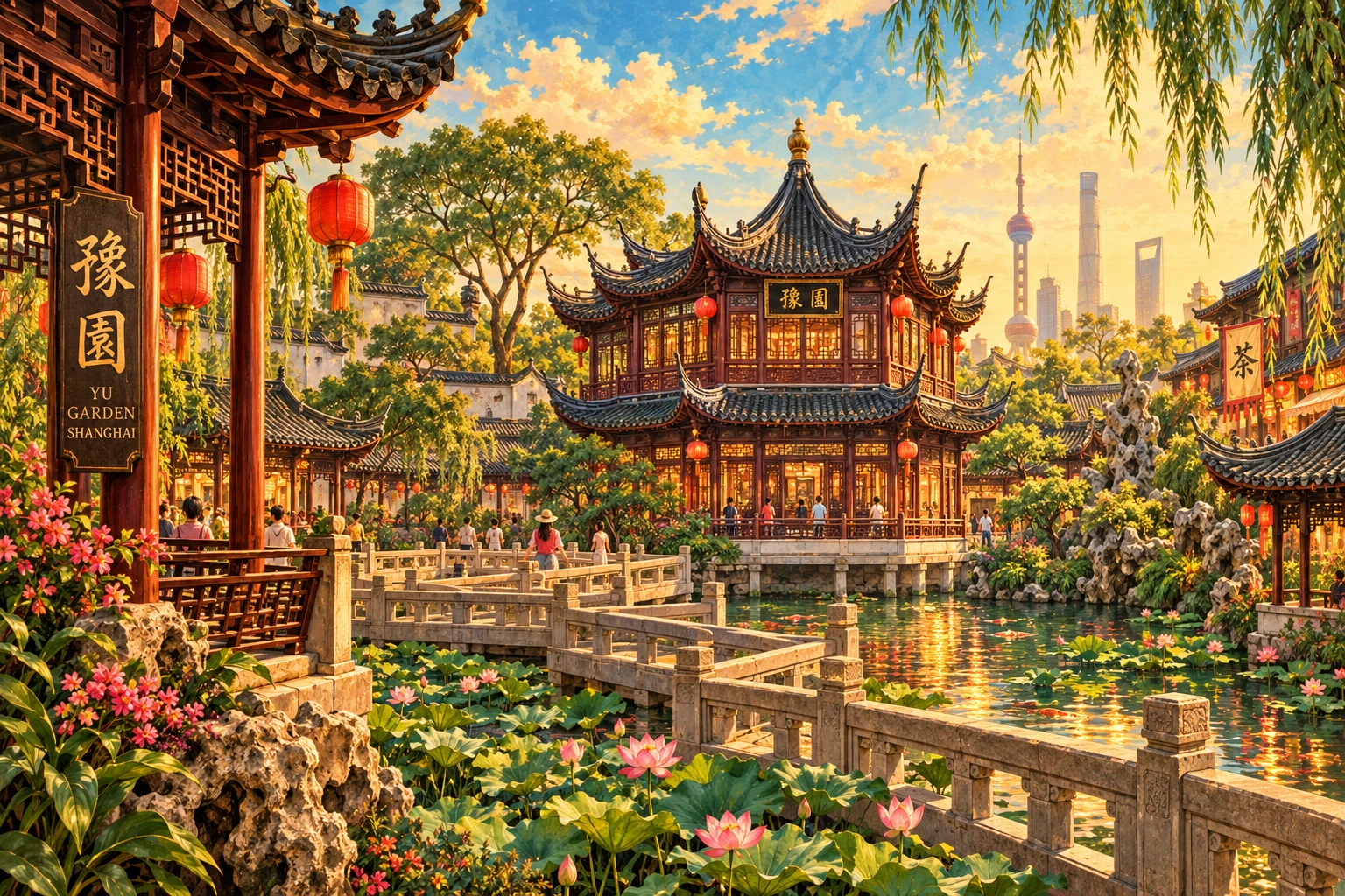 Illustrated Yu Garden in Shanghai, China