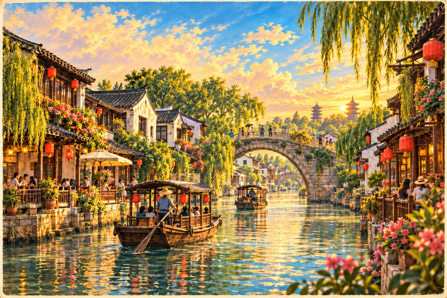 Illustrated Zhujiajiao Water Town in Shanghai, China