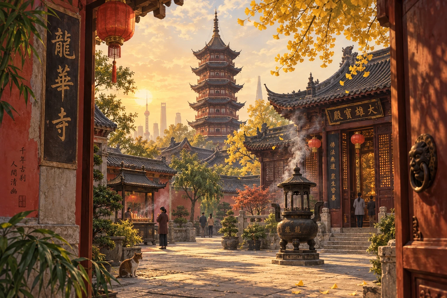 Illustrated Longhua Temple and Pagoda in Shanghai, China