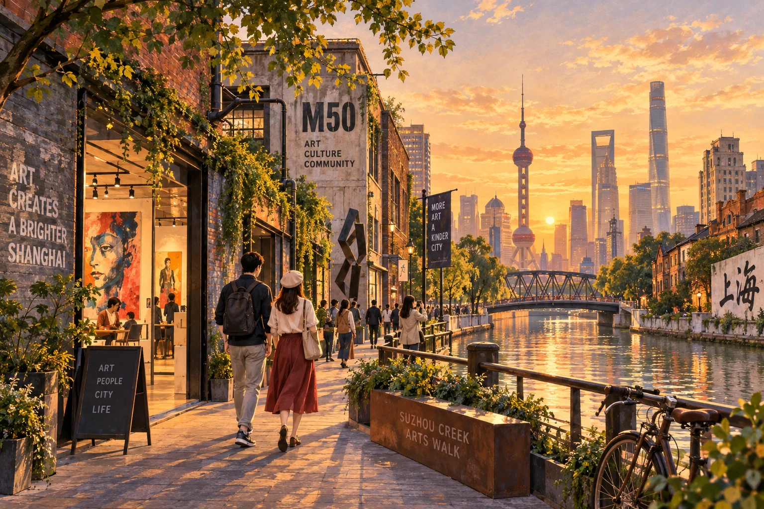 Illustrated Suzhou Creek arts walk in Shanghai, China