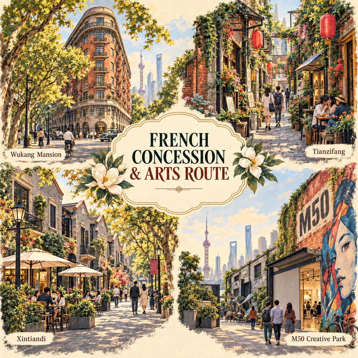 Illustrated Former French Concession and arts in Shanghai, China
