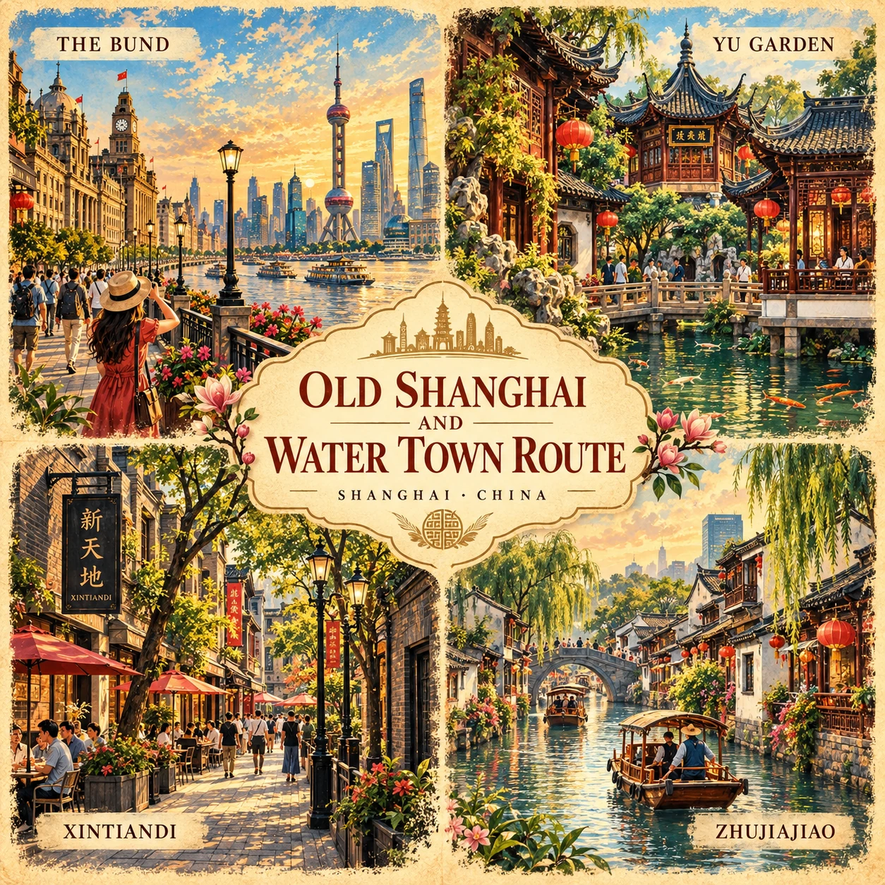 Illustrated Old Shanghai and water town in Shanghai, China