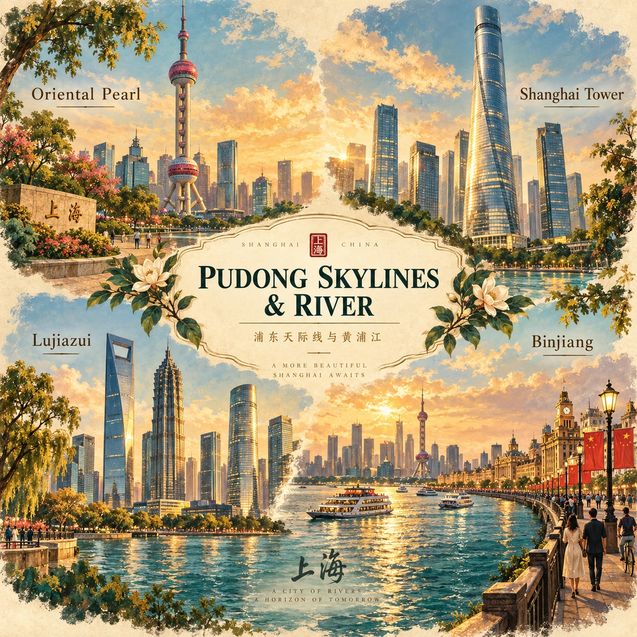 Illustrated Pudong skylines and river in Shanghai, China