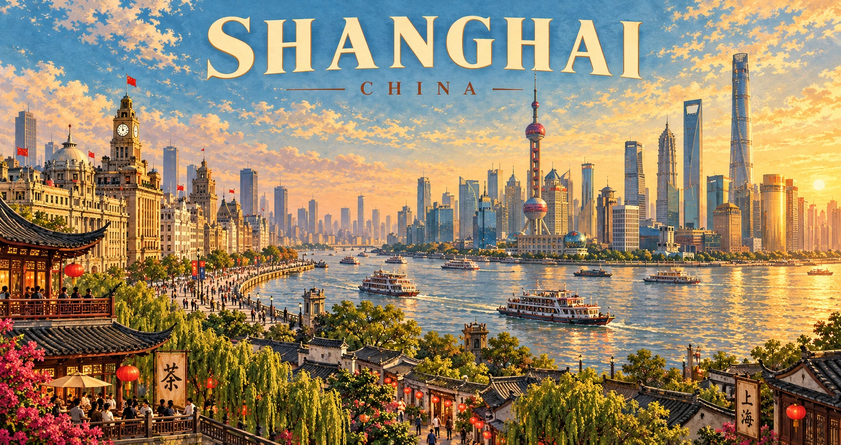 Illustrated Shanghai river panorama, China