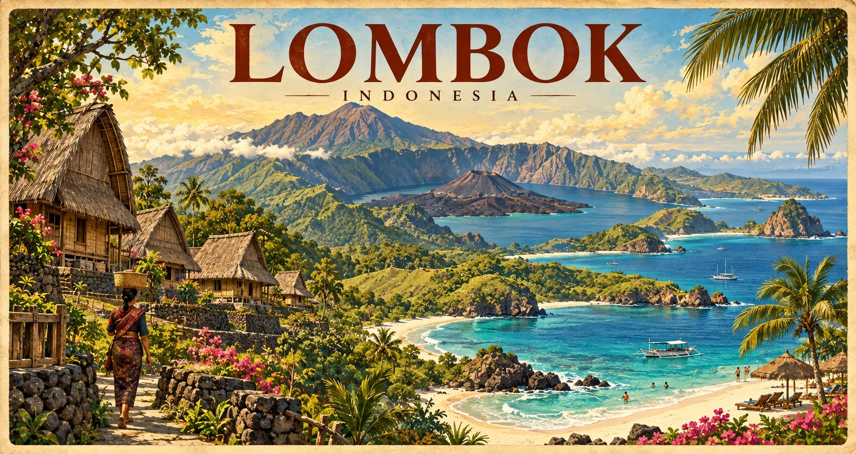 Premium illustrated panorama of Lombok, Indonesia