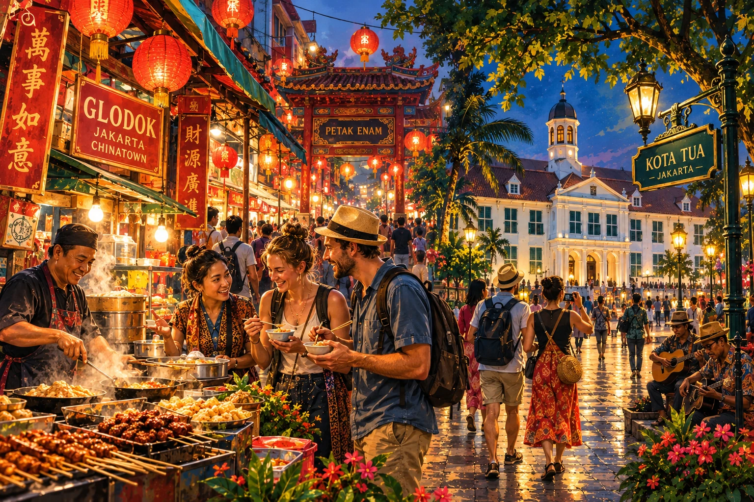 Illustrated Glodok food & Kota Tua at night experience