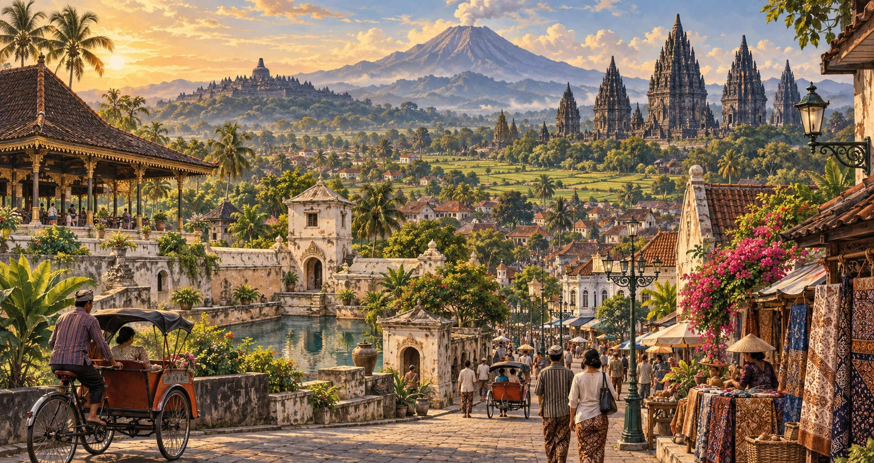 Premium illustrated panorama of Yogyakarta, Indonesia