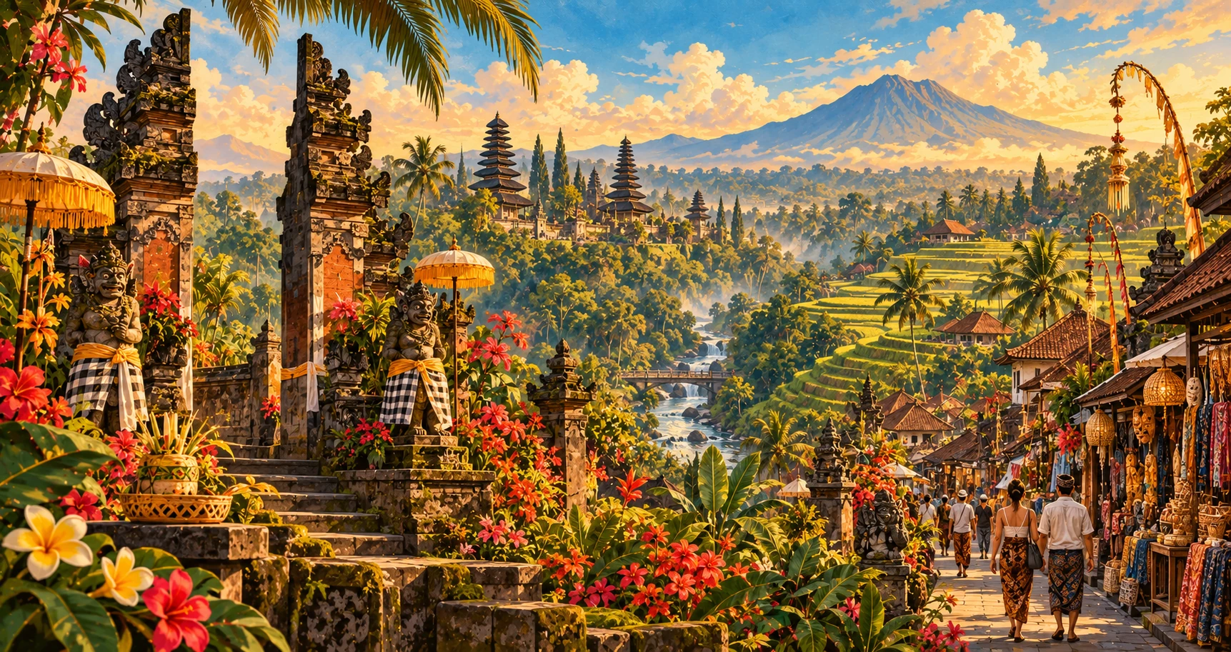Premium illustrated panorama of Ubud, Indonesia