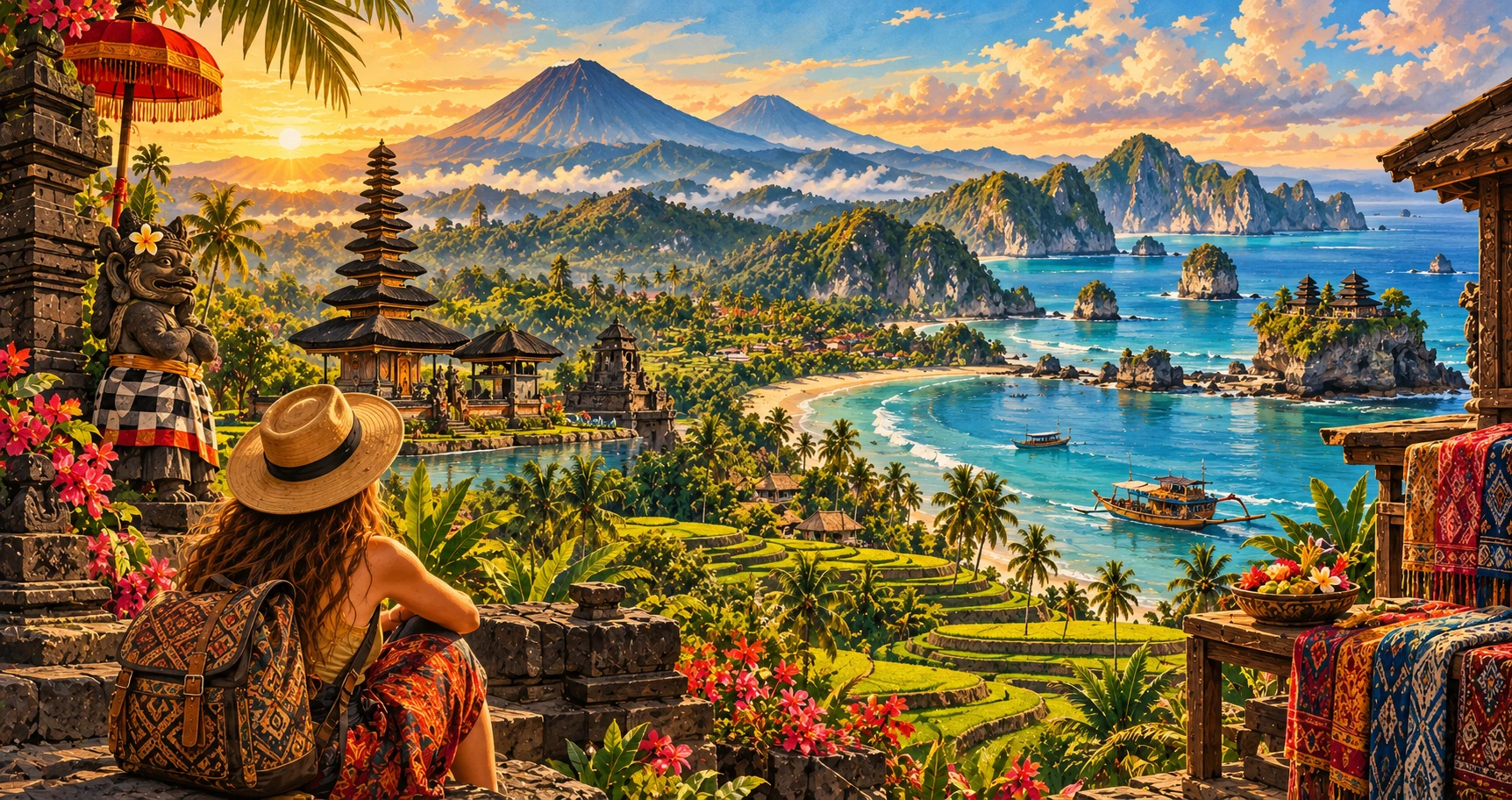 Illustrated Indonesia travel panorama with temples, island landscapes, and local atmosphere