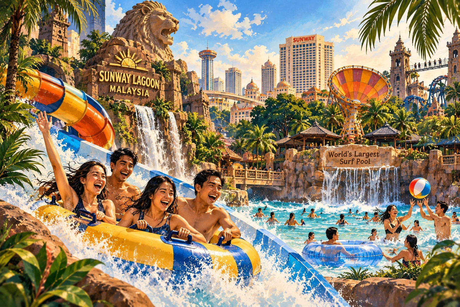 Illustrated Sunway Lagoon day experience in Kuala Lumpur, Malaysia