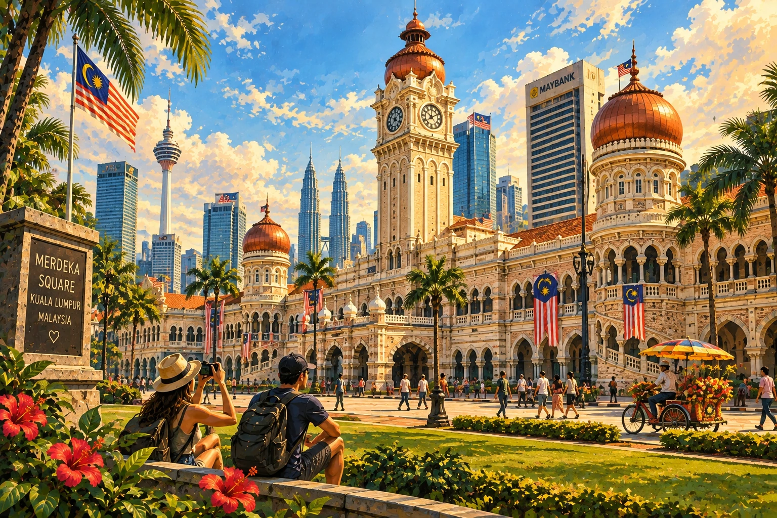 Illustrated Merdeka Square and Sultan Abdul Samad Building in Kuala Lumpur, Malaysia