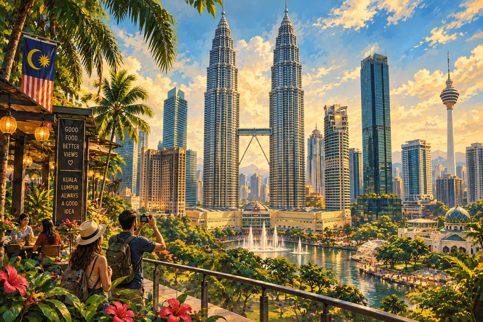Illustrated Petronas Twin Towers in Kuala Lumpur, Malaysia