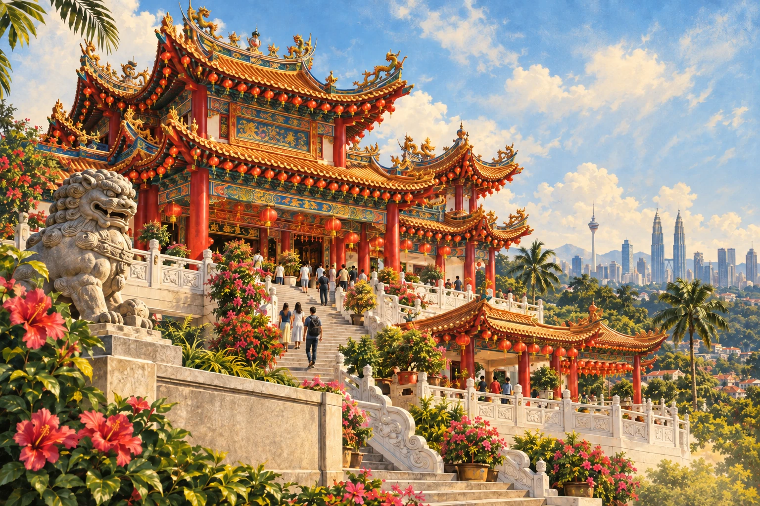 Illustrated Thean Hou Temple in Kuala Lumpur, Malaysia