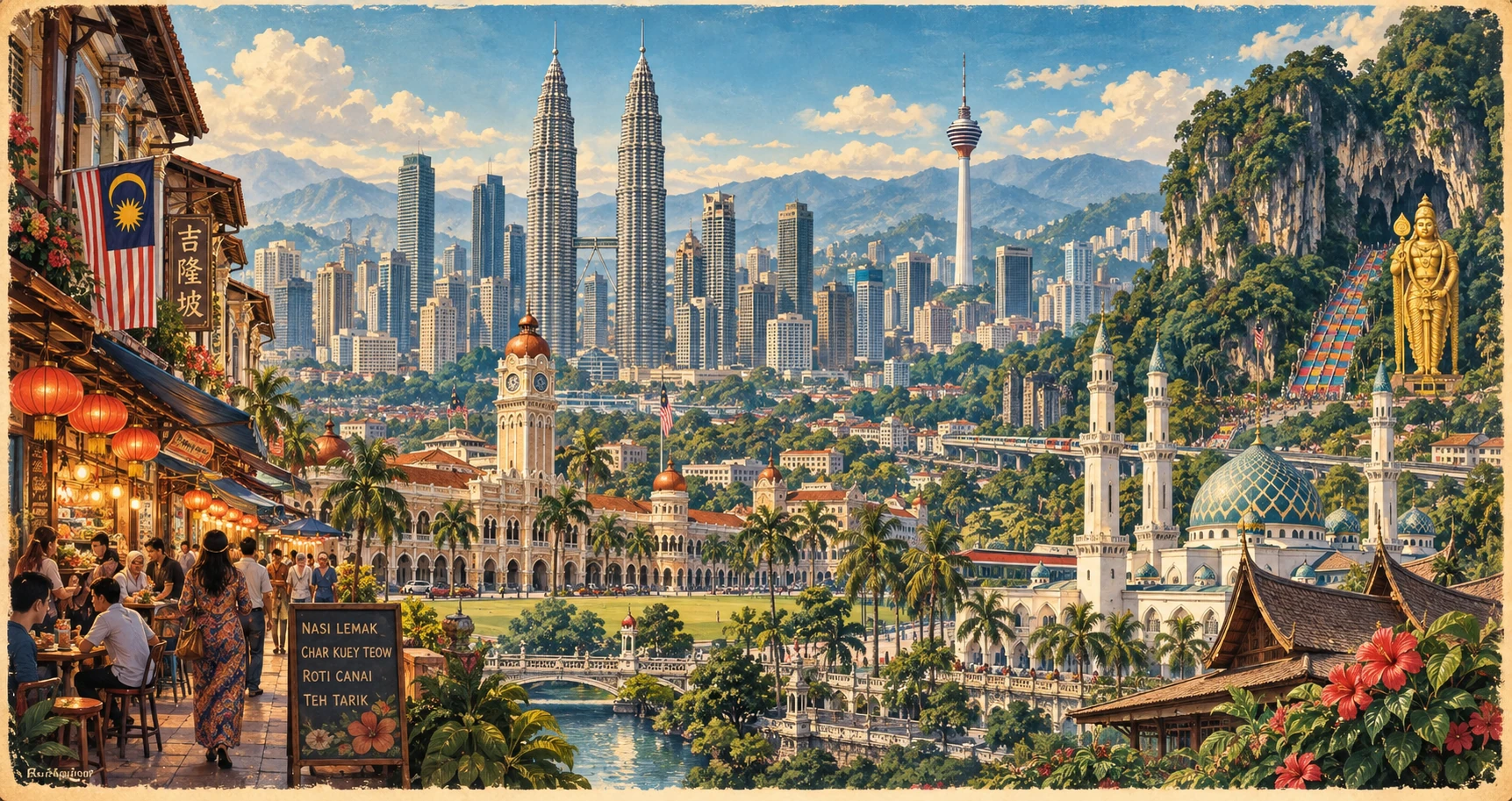 Illustrated Kuala Lumpur city panorama, Malaysia